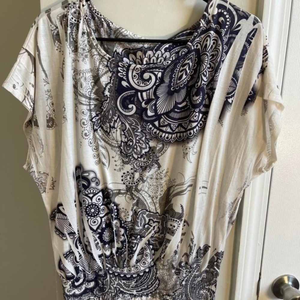 Navy‎ White Paisley Medallion Blouson Top Smocked Waist Dolman Sleeve Boho